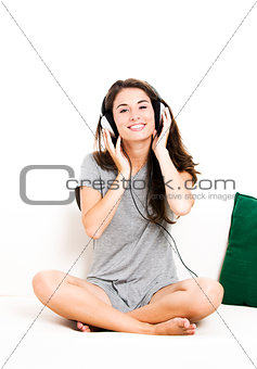Beautiful woman listen music