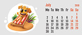 2018 year of yellow dog on Chinese calendar. Fun dog lies in deck chair. Calendar grid month July