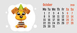 2018 year of yellow dog on Chinese calendar. Fun dog holding cake. Calendar grid month October