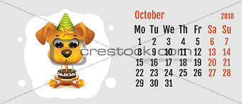 2018 year of yellow dog on Chinese calendar. Fun dog holding cake. Calendar grid month October