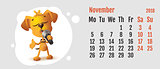 2018 year of yellow dog on Chinese calendar. Fun dog sings. Calendar grid month November