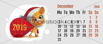 2018 year of yellow dog on Chinese calendar. Fun Santa dog carries bag. Calendar grid month December