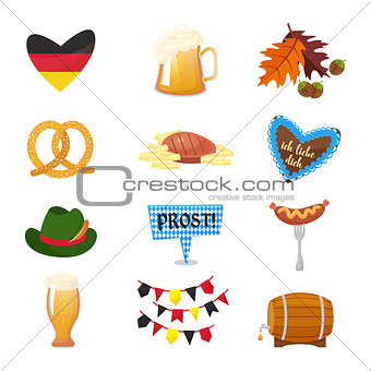 Traditional symbols of the Oktoberfest icons set. German national Oktoberfest objects isolated on white background. Cartoon style vector illusrtration