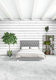White bedroom minimal style Interior design with wood wall and grey sofa. 3D Rendering. 3D illustration