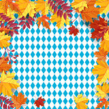 Autumn leaves on a background pattern of blue diamonds. Traditional fall Oktoberfest background. National German autumn beer festival design.Cartoon style vector illustration