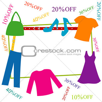 Colorful clothing and accessories frame with discounts