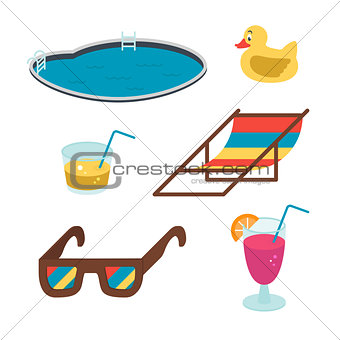 Vector summer icons. Flat-style drinks, glasses, pool colored on white background.