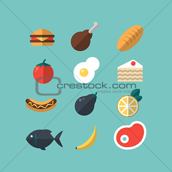 Set of food icons. Meat, vegetables, hot-dog, cake,bread, fish. Flat-style on blue background