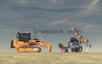 A yellow bulldozer in front of wild animals