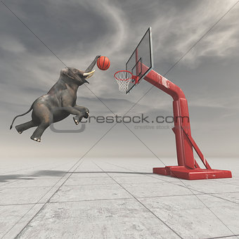 An elephant throws the ball at the basket. 