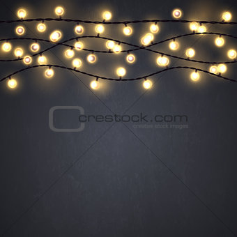 Yellow Christmas incandescent light strings on the dark gray background. Vector design elements.