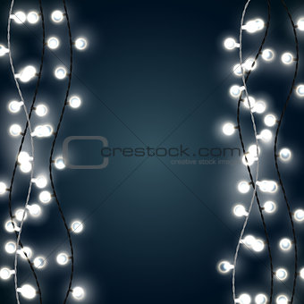 Set of vertical white garland style christmas lights on the dark blue background. Vector design of outdoor patio incandescent light strings.