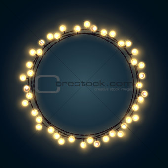 Decorative Christmas wreath made of yellow incandescent light strings. Vector illustration.