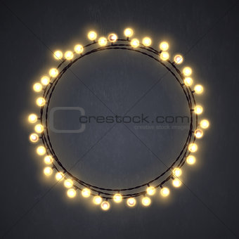 Warm colored vector light string Christmas wreath made of incandescent lamps. Vector illustration.