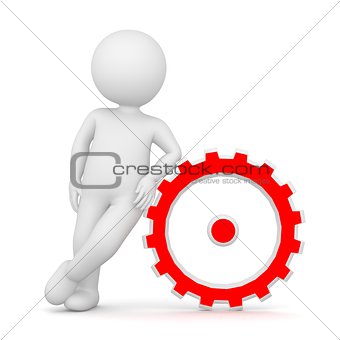 3D Rendering of a man leaning on a cogwheel