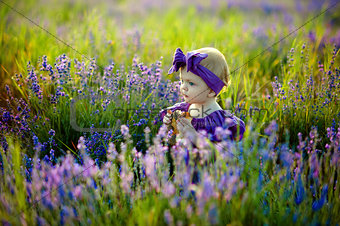 Cute child girl walking in lavender field, happy childhood concept