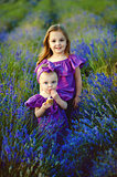 Family portrait in lavender field, two sisters together having fun