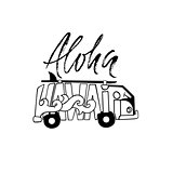 Black and white Aloha Hawaii surf print. Handdrawn lettering with a minivan. Vector bus illustration. Typography poster