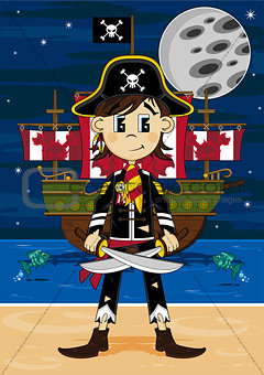 Cartoon Pirate Captain and Ship