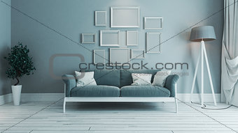 blue color living room with photo frame interior design idea