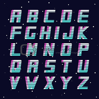 Retro font - fashion 80-90s. Futuristic vector english alphabet.