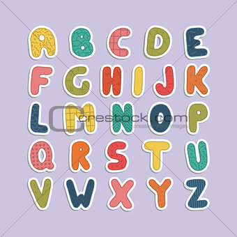 Cartoon funny font. Color english baby alphabet.