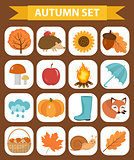 Autumn icons set flat or cartoon style.Collection design elements with yellow leaves, trees, mushrooms, pumpkin, wild animals, umbrella and boots. Isolated on white background. Vector illustration.