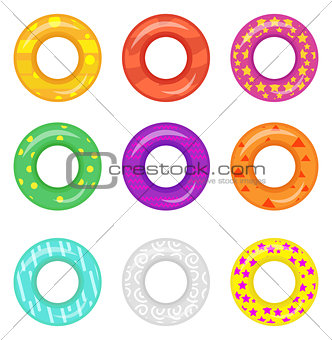 Lifebuoy icon set. Rings for swimming collection.Flat cartoon style, isolated on white background. Vector illustration.