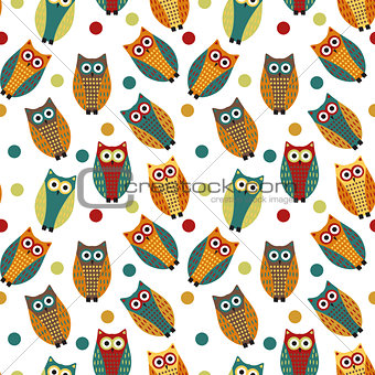 Cute owl kids seamless pattern, vintage style. Funny birds endless baby background. Vector illustration.