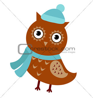 Cartoon owl isolated on white background. Cute bird wearing a hat and scarf, autumnal theme. Vector illustration.