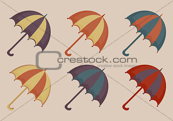 Umbrellas set of icons, vintage style. Beach multicolored umbrella retro collection of design elements. Vector illustration.