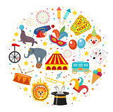 Circus icon set in round shape flat, cartoon style. Collection of elements with elephant, lion, Sealion, gun, clown, tickets. Isolated on white background. Vector illustration clip art.