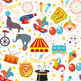 Circus seamless pattern. Holiday carnival endless background, texture. Isolated on white background. Vector illustration.