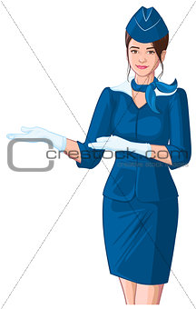 Stewardess in blue uniform shows. Young beautiful woman in cap and white gloves