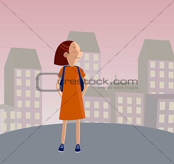 Cute girl in uniform going to school with backpack