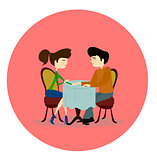 Illustration of a Man and Woman Asking Each Other Questions at a Speed Dating Event sitting by the table in a cafe