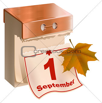 September 1 began fall. Tear-off calendar and yellow maple leaf