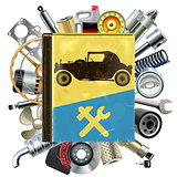 Vector Old Automobile Repair Book with Car Spares