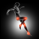 3D female figure landing from a jump with leg joints highlighted