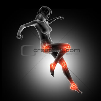 3D female figure landing from a jump with leg joints highlighted
