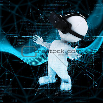 3D figure wearing VR headset on abstract code background