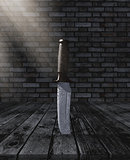 3D knife stuck in a wooden table in a grunge brick room