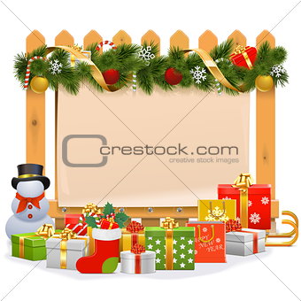 Vector Wooden Fence with Christmas Decoration