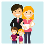 Family with two children and a newborn baby on blue background