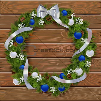 Vector Christmas Wreath on Wooden Board 3