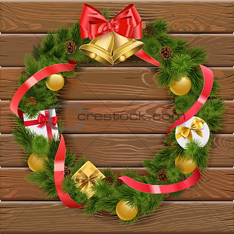Vector Christmas Wreath on Wooden Board 4