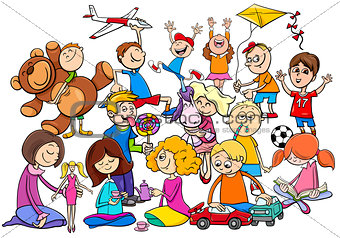 children group playing with toys cartoon