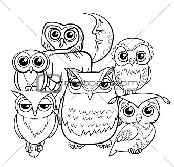 owls group cartoon characters coloring book