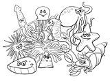 sea life group cartoon characters coloring book