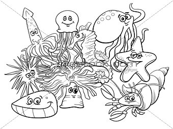 sea life group cartoon characters coloring book